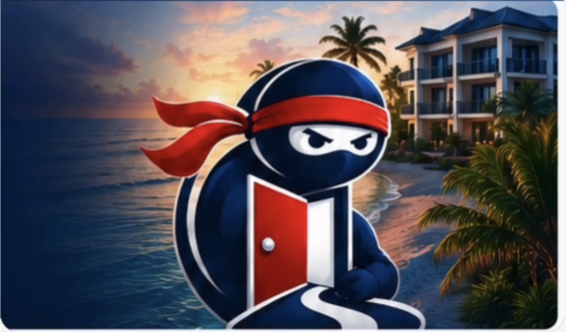 The ExitNinjas mascot, holding an open door, standing on a resort beach at sunset